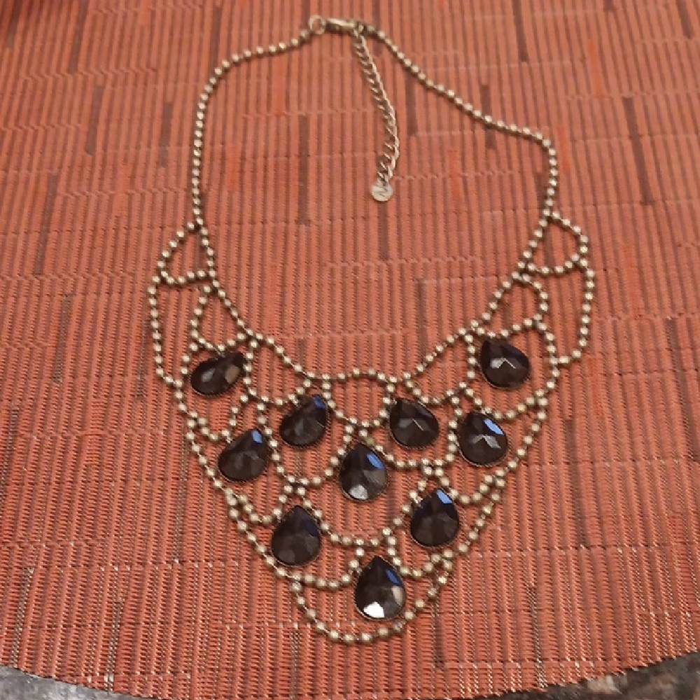 Boho Black Teardrop Statement Necklace Faux Patina Silver Chain EUC